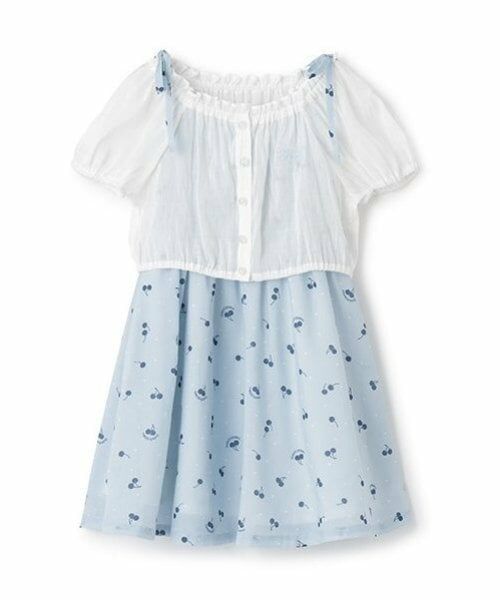 mezzo piano / メゾピアノ ミニ丈・ひざ丈ワンピース | ブラウス＆チェリー柄キャミワンピースセット（サックス）