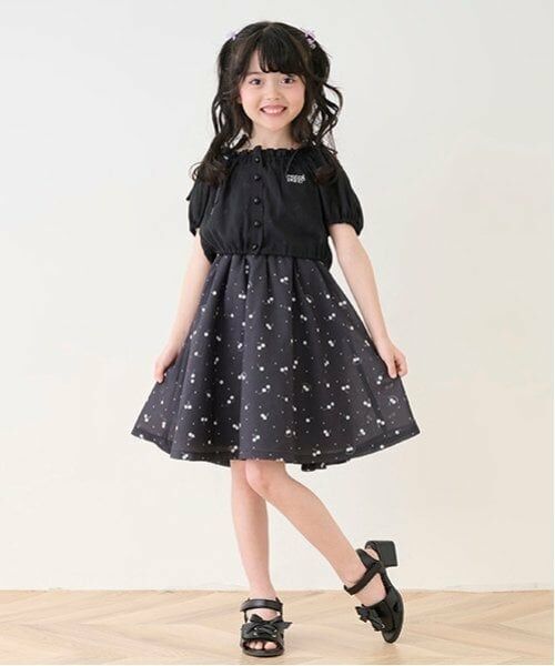 mezzo piano / メゾピアノ ミニ丈・ひざ丈ワンピース | ブラウス＆チェリー柄キャミワンピースセット（黒）