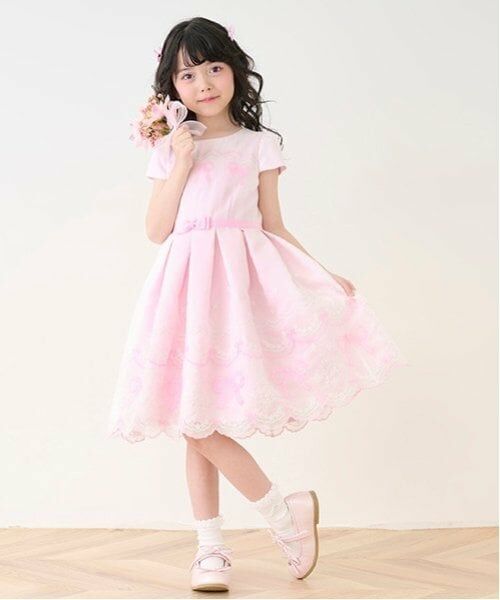 mezzo piano / メゾピアノ ミニ丈・ひざ丈ワンピース | オーガンジーリボン刺しゅうドレス（ライト ピンク）