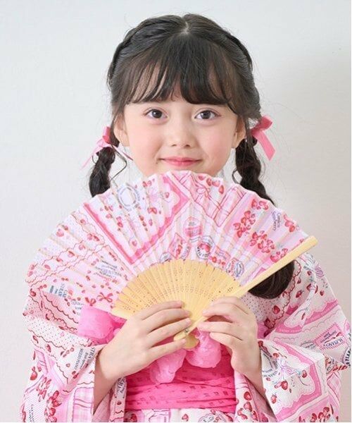 mezzo piano / メゾピアノ その他 | 紫陽花・いちごハンカチ柄　扇子　袋つき（ライト ピンク）