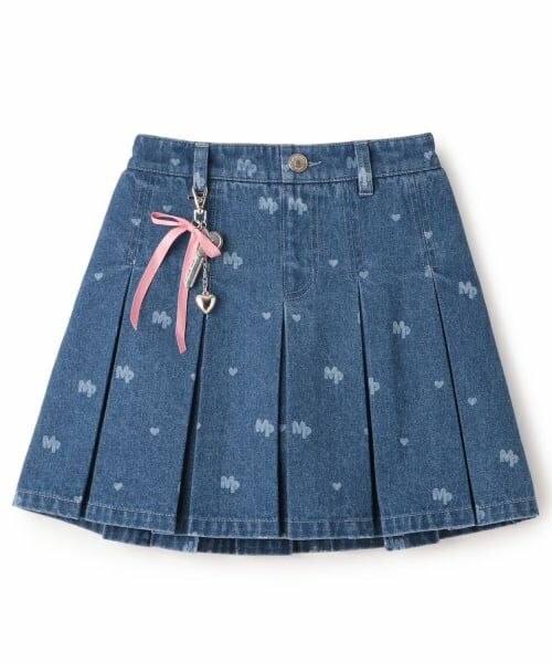 mezzo piano / メゾピアノ ショート・ハーフ・半端丈パンツ | チャームつき　抜染総柄プリント　デニムスカパン（ブルー）