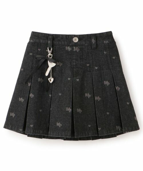 mezzo piano / メゾピアノ ショート・ハーフ・半端丈パンツ | チャームつき　抜染総柄プリント　デニムスカパン（チャコール）