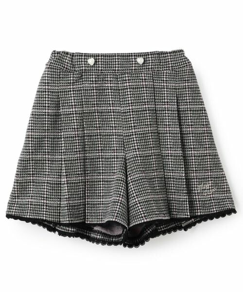 mezzo piano / メゾピアノ ショート・ハーフ・半端丈パンツ | カットジャガードチェック　タックキュロットスカート（黒）