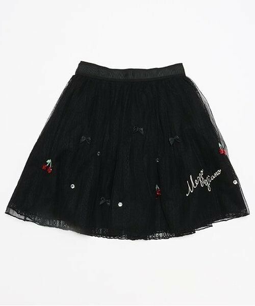 mezzo piano / メゾピアノ ミニ・ひざ丈スカート | 6033104R　チェリーチュールスカート（黒）