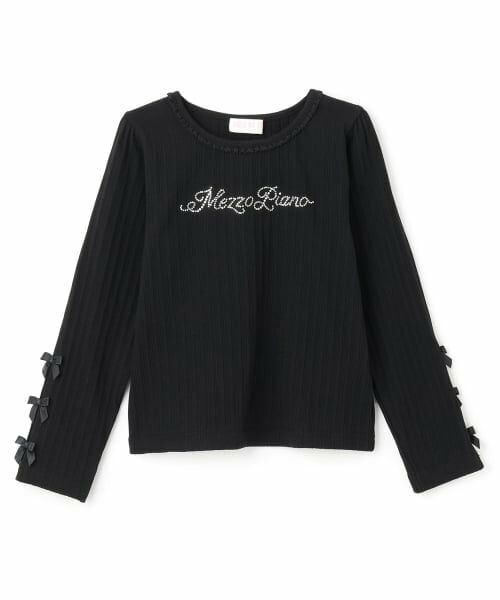 mezzo piano / メゾピアノ Tシャツ | ラインストーンロゴ　テレコ長袖Tシャツ（黒）