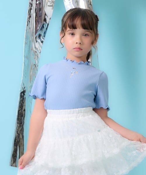 mezzo piano / メゾピアノ Tシャツ | ネックレス刺しゅう　テレコ半袖Tシャツ（サックス）