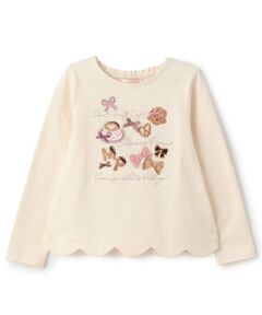 mezzo piano / メゾピアノ Tシャツ | カフェアップリケ刺しゅう　裾スカラップ長袖Tシャツ