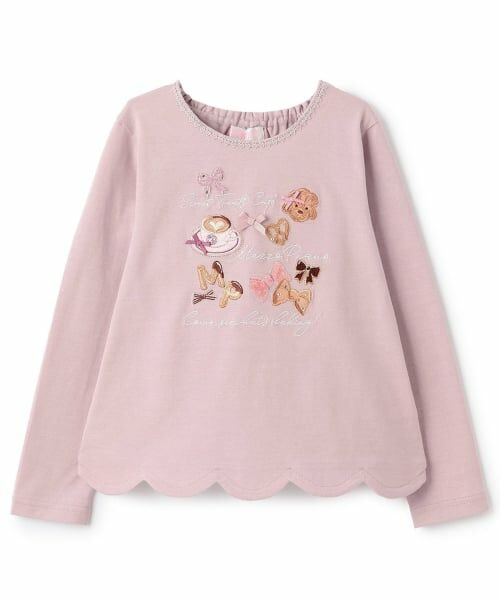 mezzo piano / メゾピアノ Tシャツ | カフェアップリケ刺しゅう　裾スカラップ長袖Tシャツ（ピンク）