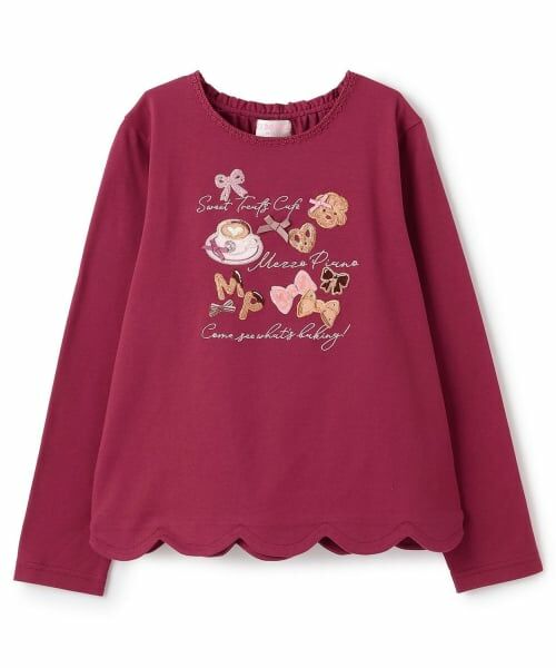 mezzo piano / メゾピアノ Tシャツ | カフェアップリケ刺しゅう　裾スカラップ長袖Tシャツ（エンジ）