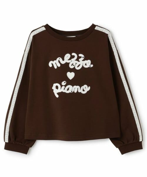 mezzo piano / メゾピアノ Tシャツ | 袖ラインレースロゴ　長袖Tシャツ（ココア）