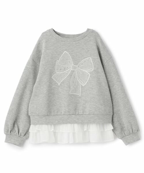 mezzo piano / メゾピアノ スウェット | ビッグリボントレーナー＆裾フリルTシャツセット（グレー）