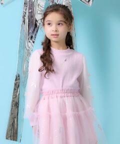 mezzo piano / メゾピアノ Tシャツ | ネックレス刺しゅう　袖チュール　テレコ長袖Tシャツ