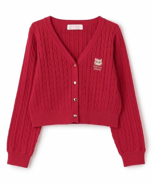 mezzo piano / メゾピアノ カーディガン・ボレロ | ハートボタン　ケーブルニットカーディガン（赤）