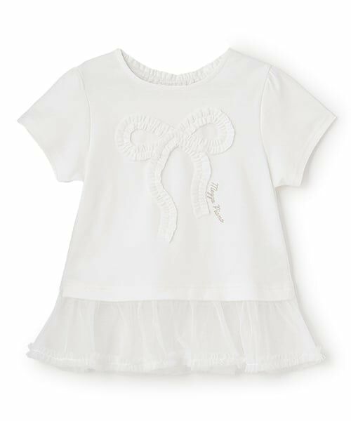 mezzo piano / メゾピアノ Tシャツ | フリルリボン　ペプラム半袖Tシャツ（オフ ホワイト）