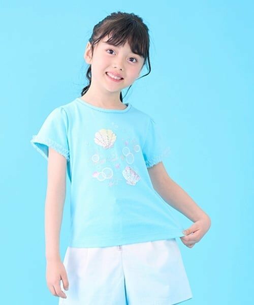 mezzo piano / メゾピアノ Tシャツ | シェルスパンコール　半袖Tシャツ（エメラルド グリーン）