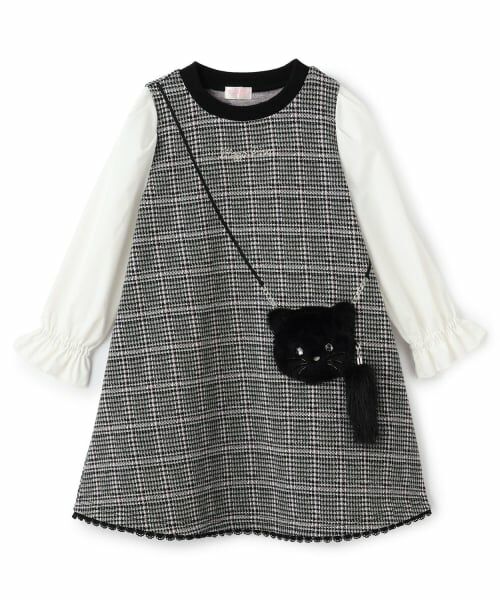 mezzo piano / メゾピアノ ミニ丈・ひざ丈ワンピース | ネコポシェット　カットジャガードチェック　ワンピース（黒）