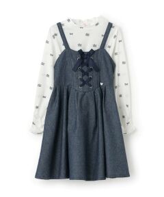 mezzo piano / メゾピアノ ミニ丈・ひざ丈ワンピース | デニム風キャミワンピース＆シアー長袖Tシャツセット