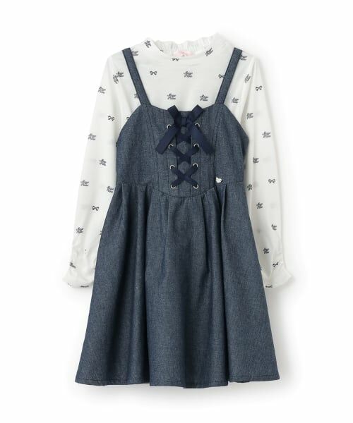 mezzo piano / メゾピアノ ミニ丈・ひざ丈ワンピース | デニム風キャミワンピース＆シアー長袖Tシャツセット（紺）