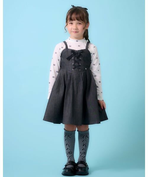 mezzo piano / メゾピアノ ミニ丈・ひざ丈ワンピース | デニム風キャミワンピース＆シアー長袖Tシャツセット（黒）