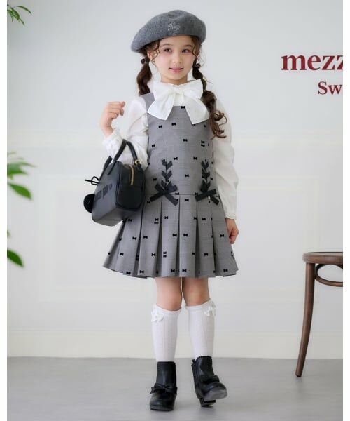 mezzo piano / メゾピアノ ミニ丈・ひざ丈ワンピース | リボンフロッキー×チェック　ジャンパースカート（黒）