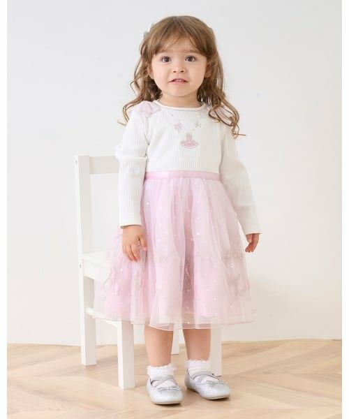 mezzo piano / メゾピアノ ミニ丈・ひざ丈ワンピース | チュール刺しゅうドッキングワンピース（ピンク）