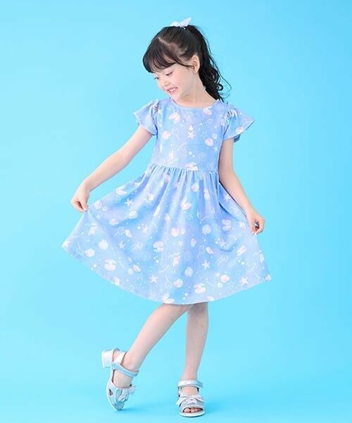 mezzo piano / メゾピアノ ミニ丈・ひざ丈ワンピース | シェル柄　カットワンピース　ネックレスつき（ブルー）