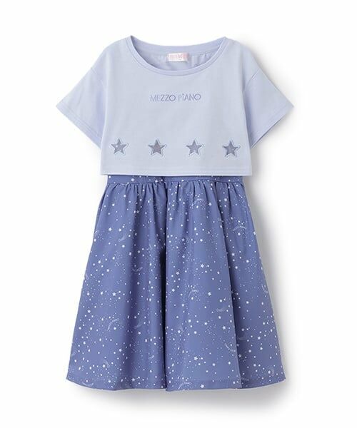 mezzo piano / メゾピアノ ミニ丈・ひざ丈ワンピース | 星柄・ギンガム　キャミワンピース＆Tシャツセット（ブルー）