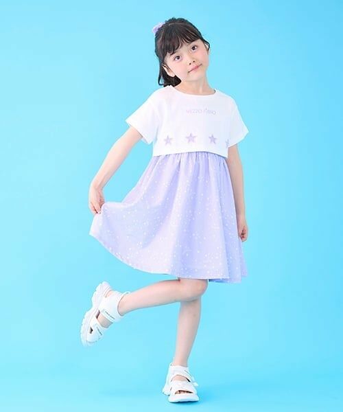mezzo piano / メゾピアノ ミニ丈・ひざ丈ワンピース | 星柄・ギンガム　キャミワンピース＆Tシャツセット（ラベンダー）