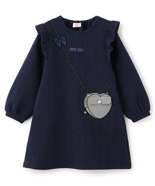 mezzo piano / メゾピアノ ミニ丈・ひざ丈ワンピース | ★キルトジャガード　ハートポシェット風ワンピース（紺）