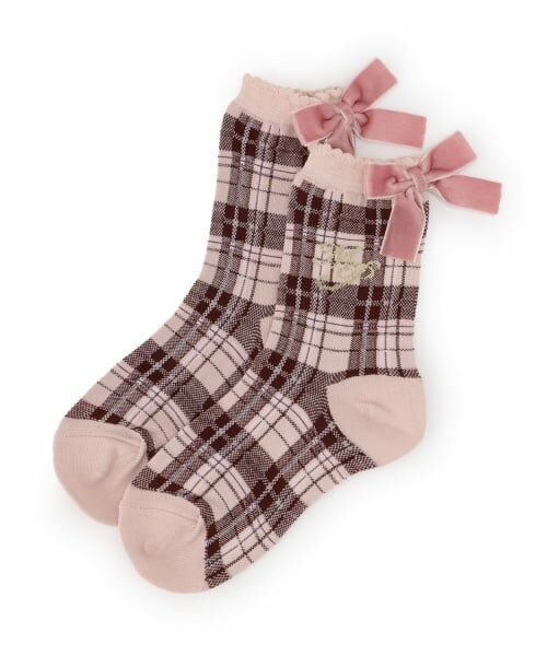mezzo piano / メゾピアノ ソックス | リボンつき　チェック柄ソックス（ピンク）