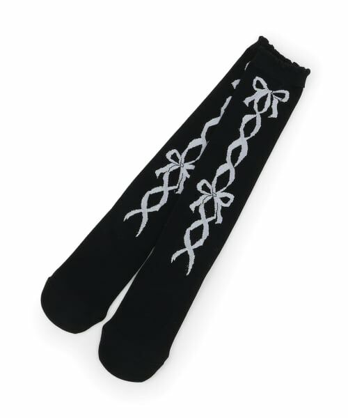 mezzo piano / メゾピアノ ソックス | レースアップリボン柄　ハイソックス（黒）