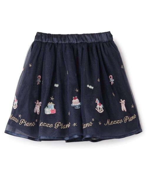 mezzo piano / メゾピアノ ミニ・ひざ丈スカート | くるみ割り人形刺しゅうチュールスカート(紺)