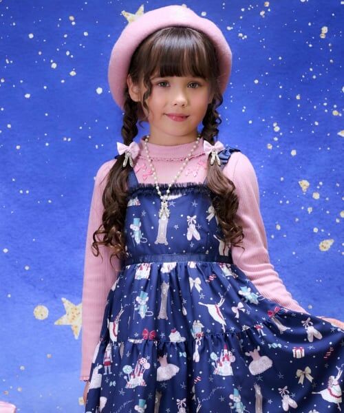 mezzo piano / メゾピアノ Tシャツ | リボンネックレス風　プチハイ長袖Tシャツ（ピンク）