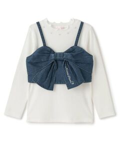 mezzo piano / メゾピアノ キャミソール・チューブトップ | ラメデニムリボンビスチェ＆長袖Tシャツセット