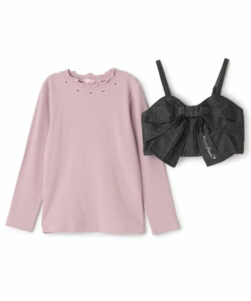 mezzo piano / メゾピアノ キャミソール・チューブトップ | ラメデニムリボンビスチェ＆長袖Tシャツセット | 詳細2