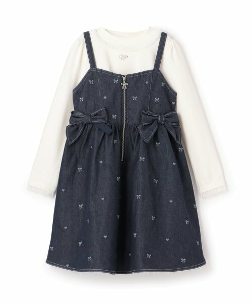 mezzo piano / メゾピアノ ミニ丈・ひざ丈ワンピース | リボン刺しゅうキャミワンピース＆長袖Tシャツセット（紺）