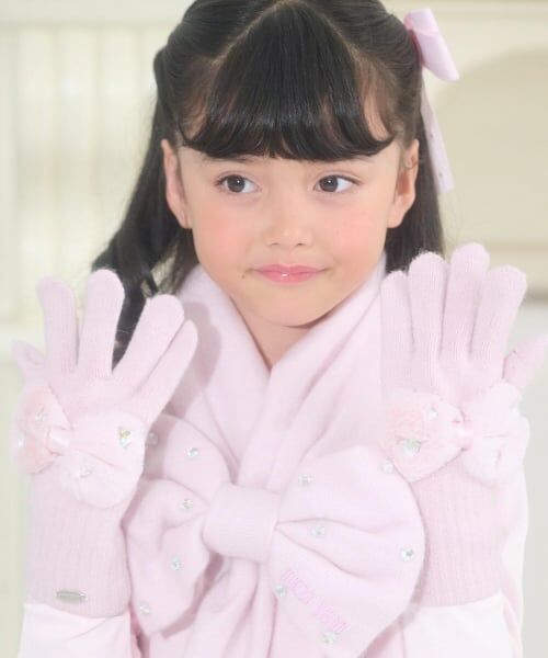 mezzo piano / メゾピアノ 手袋 | リボン　フェイクファーつきニット手袋（ピンク）