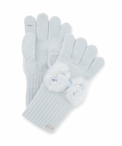 mezzo piano / メゾピアノ 手袋 | リボン　フェイクファーつきニット手袋（サックス）