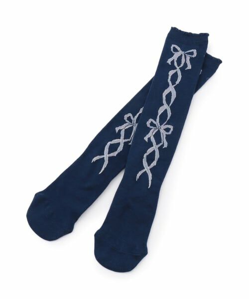 mezzo piano / メゾピアノ ソックス | バレリーナ風編み上げ柄ハイソックス（紺）