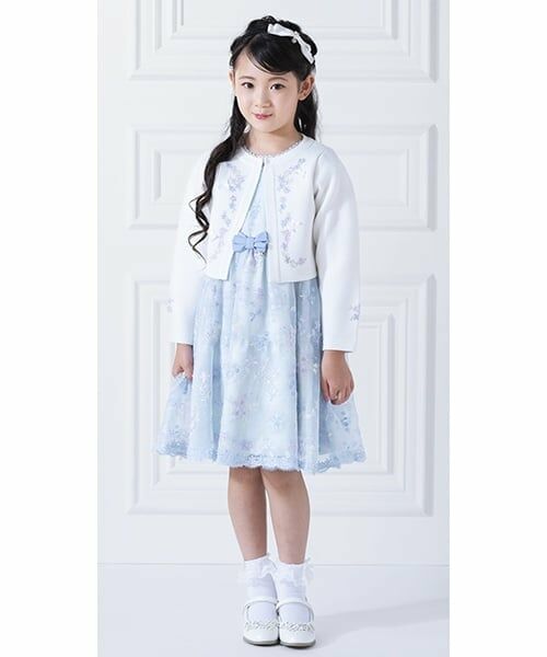 mezzo piano / メゾピアノ ドレス | 花ブーケレース刺しゅう　ワンピース（サックス）