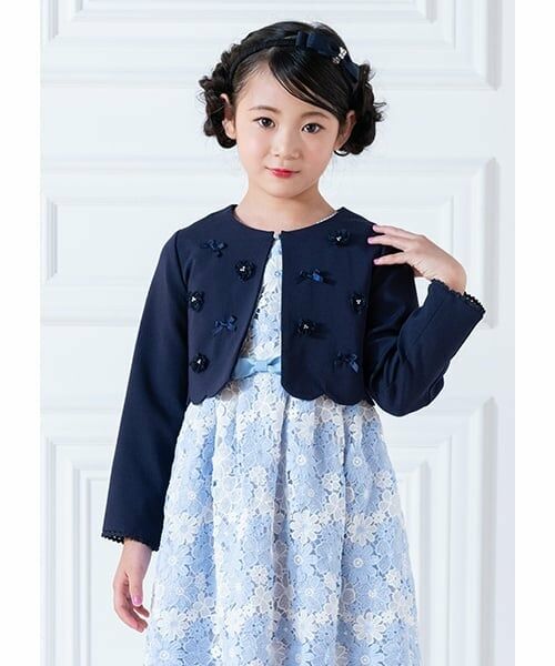 mezzo piano / メゾピアノ テーラードジャケット | 花モチーフ裾スカラップ　ジャケット（紺）