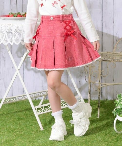 mezzo piano / メゾピアノ ミニ・ひざ丈スカート | レースアップリボン　タックプリーツスカート（赤）