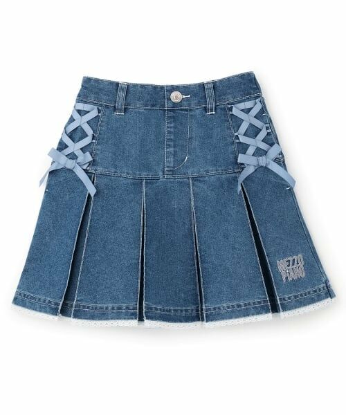 mezzo piano / メゾピアノ ミニ・ひざ丈スカート | レースアップリボン　タックプリーツスカート（サックス）