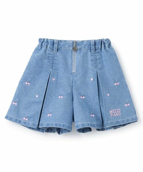 mezzo piano / メゾピアノ ショート・ハーフ・半端丈パンツ | ちび刺しゅうフロントZIP　タックキュロットスカート（サックス）