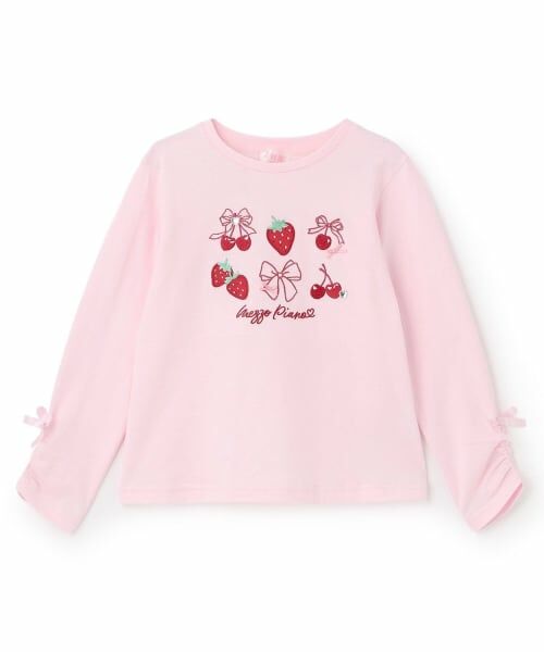 mezzo piano / メゾピアノ Tシャツ | イチゴチェリーアップリケ　長袖Tシャツ（ライト ピンク）