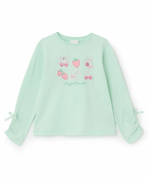 mezzo piano / メゾピアノ Tシャツ | イチゴチェリーアップリケ　長袖Tシャツ（ミント）
