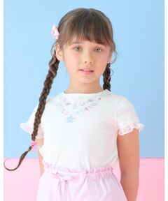 mezzo piano / メゾピアノ Tシャツ | ネックレス刺しゅう　袖フリル　半袖Tシャツ