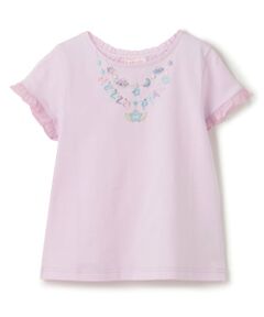 mezzo piano / メゾピアノ Tシャツ | ネックレス刺しゅう　袖フリル　半袖Tシャツ