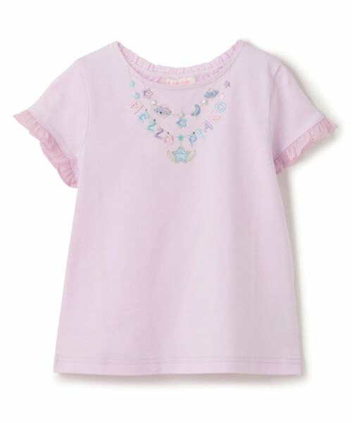 mezzo piano / メゾピアノ Tシャツ | ネックレス刺しゅう　袖フリル　半袖Tシャツ（ライラック）