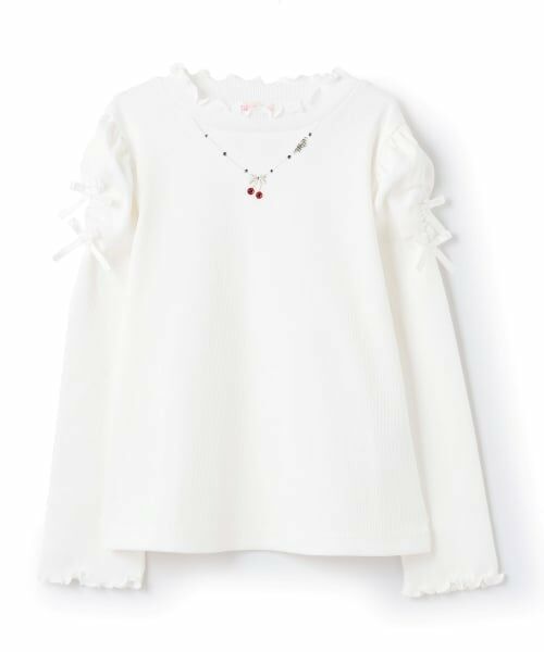 mezzo piano / メゾピアノ Tシャツ | ネックレス刺しゅう　プチハイネック　長袖Tシャツ（オフ ホワイト）